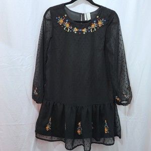 Embroidered BOHO festival Mini Dress Japna Size S Floral  Black Swiss Dot